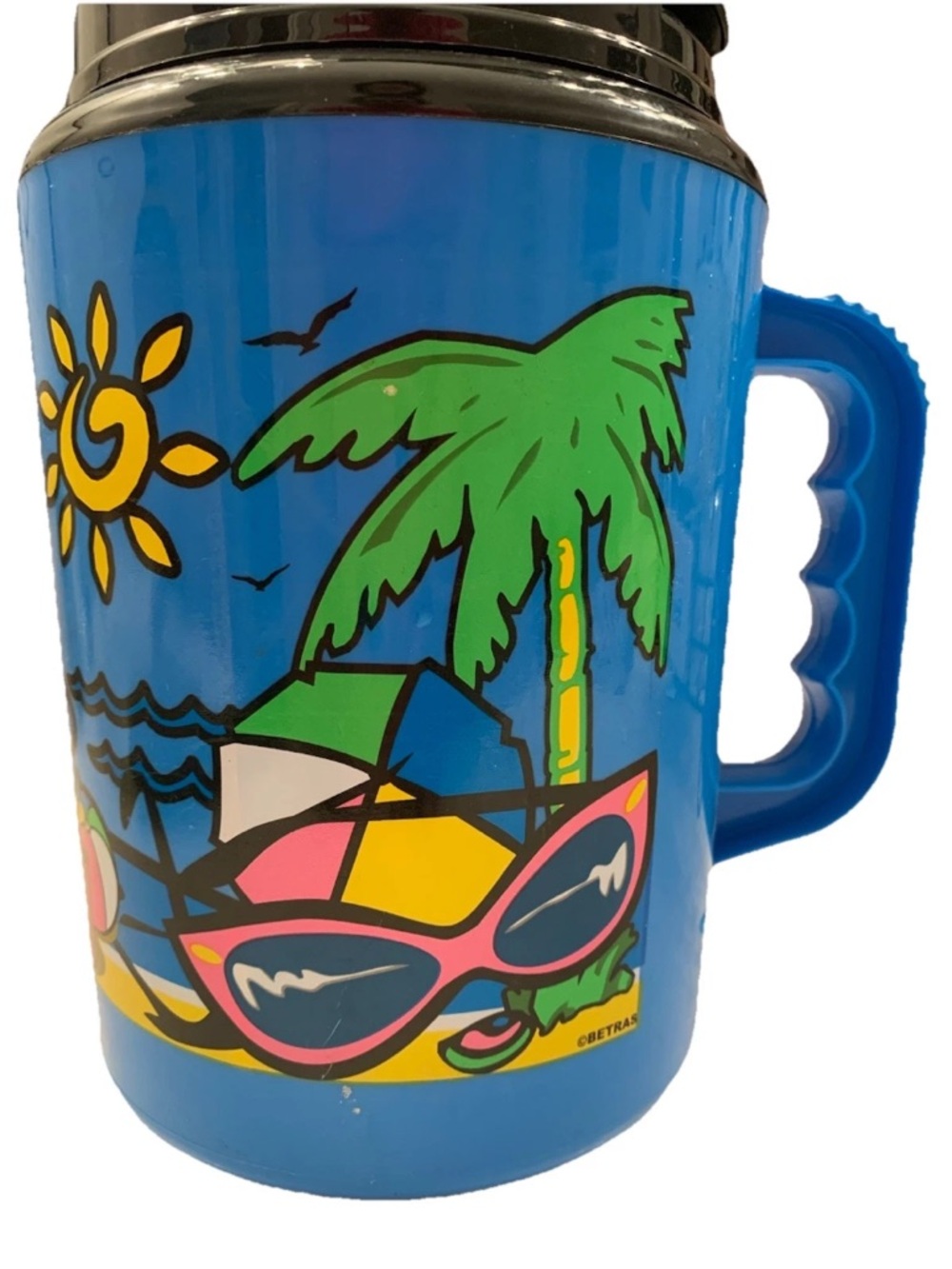 Vintage Betras USA 90s Summer Fun Insulated Mug Blue Beach Scene Neon 52oz